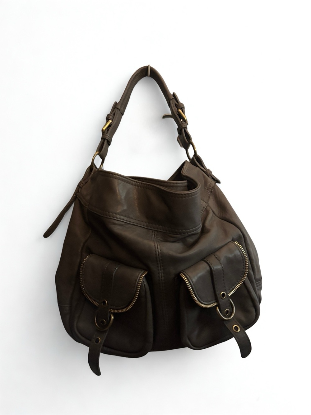 Classic Dark Brown Leather Hobo with Front Pocket Details